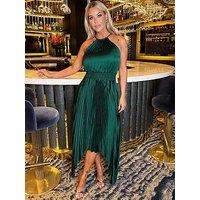 Ax Paris Teal Halter Neck Zig Zag Hem Pleated Midi Dress - Green