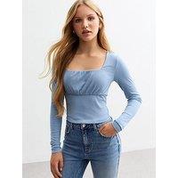 New Look 915 Girls Blue Ruched Front Ribbed Jersey Top - Light Blue