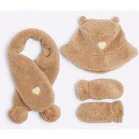 River Island Mini Mini Girl Borg Hat Scarf Mittens Set - Beige