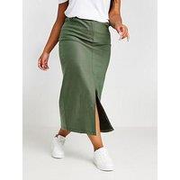 Yours Curve Coated Midaxi Front Slit Skirt - Green