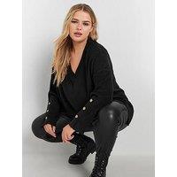 Yours Curve Button Sleeve Ribbed Jumper - Black