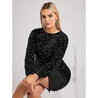 Yours Curve Sequin Velvet Long Sleeve Shift Dress - Black