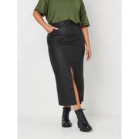 Yours Curve Coated Midaxi Front Slit Skirt - Black