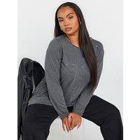 Yours Curve Log Sleeve Acid Wash T-Shirt - Grey