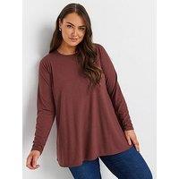 Yours Curve Long Sleeve Rib Swing T-Shirt - Brown