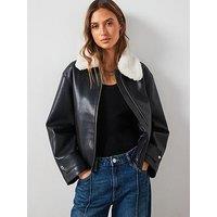 Mango Jacket With Detachable Borg Collar - Black