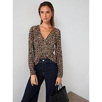 Mango Leopard Print V Neck Top - Multi