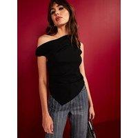 Mango Asymmetrical Shoulder Ruched Top - Black