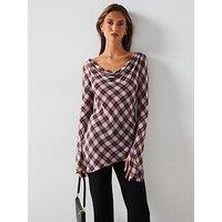 Mango Asymmetric Neck Check Blouse - Grey