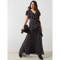 V By Very Floral Printed Ruffle Midaxi Dress - Black