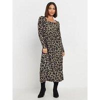 Pixiegirl Petite Long Sleeve Animal Midi Dress - Brown