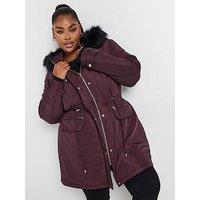 Yours Curve Plush Fur Trim Parka - Purple