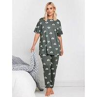 Yours Curve Double Heart Short Sleeve Tapered Pj Set - Grey