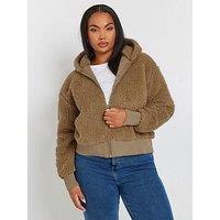 Yours Curve Hooded Feather Fleece Jacket - Brown