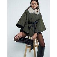 River Island Quilted Cape With Faux Fur Collar - Khaki