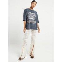 River Island Rock Print Lace Trim Tee - Dark Grey