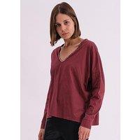 Religion Long Sleeve Deep V-Neck Jersey Top With Heavy Beaded Tonal Neck Line - Purple