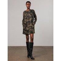 Religion Batwing Sleeve Jersey Tunic Dress With Leaf Motif And Beaded Embroidery - Black