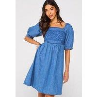 V By Very Embroidered Mini Smock Dress - Mid Wash