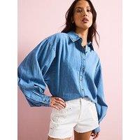 V By Very Volume Sleeve Soft Denim Shirt - Mid Wash