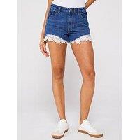 V By Very Crochet Hem Denim Shorts - Mid Wash