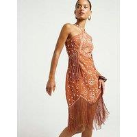 River Island Embellished Fringe Slip Mini Dress - Rust