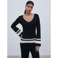 Pretty Lavish V-Neck Contrast Knit Top - & Cream - Black
