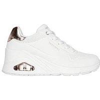 Skechers Uno Duraleather Wedge Trainer - White Duraleather/ Rose Gold Trim