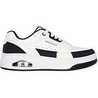 Skechers Uno Court Embossed Leather Lace Up Court Trainer - White Leather/ Duraleather Black Trim
