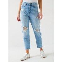 V By Very High Waist Mom Jeans With Rips - Mid Wash