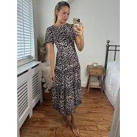 Style Cheat Animal Print Bow Back Tiered Midi Dress - Beige