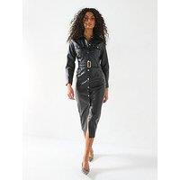 Style Cheat Pu Midi Shirt Dress - Black