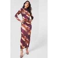 V By Very Long Sleeve Ruched Printed Dress - Brown