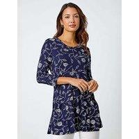 Roman Floral Print Pocket Swing Stretch Top - Navy