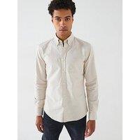 Boss Roan Slim Fit Button Down Logo Washed Oxford Shirt - Beige