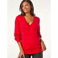 Roman Plain V-Neck Stretch Longline Jumper - Scarlet