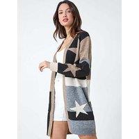 Roman Star Print Longline Stretch Cardigan - Natural