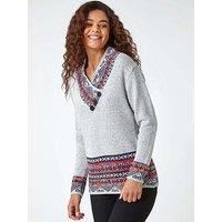 Roman Nordic Print Button Detail V-Neck Jumper - Grey