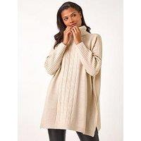 Roman Cable Knit Roll Neck Poncho Jumper - Beige