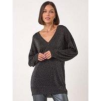 Roman Relaxed Stretch Shimmer V-Neck Jumper - Black