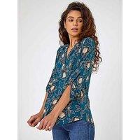 Roman Textured Floral Print Notch Neck Top - Green