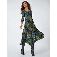 Roman Floral Hanky Hem Stretch Midi Dress - Green