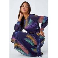 Roman Feather Print Belted Midi Dress - Purple