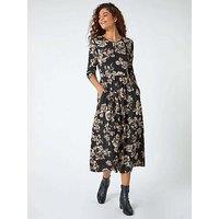 Roman Floral Pocket Stretch Midi Dress - Black