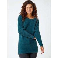 Roman Button Sleeve Fluffy Longline Jumper - Green
