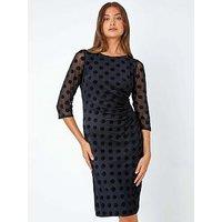 Roman Polka Dot Ruched Stretch Dress - Black