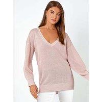 Roman Relaxed Stretch Shimmer V-Neck Jumper - Light Pink