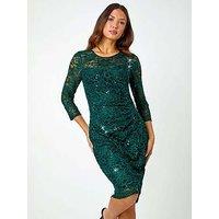 Roman Sequin Lace Ruched Stretch Dress - Green