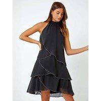 Roman Sequin Trim Tiered Halterneck Dress - Black