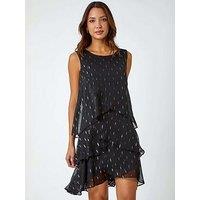 Roman Shimmer Foil Print Tiered Dress - Black